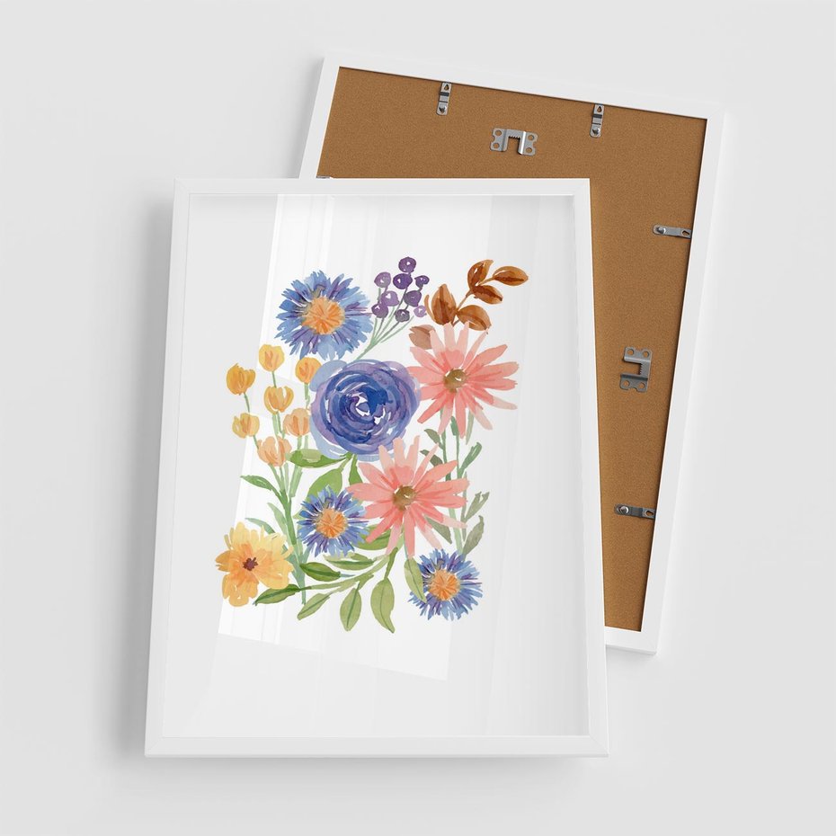 Plakat w ramie 50x70 - Migocące Widoki Kwiatów - akwarelowe polne kwiaty, minimalistyczny plakat - rama biała