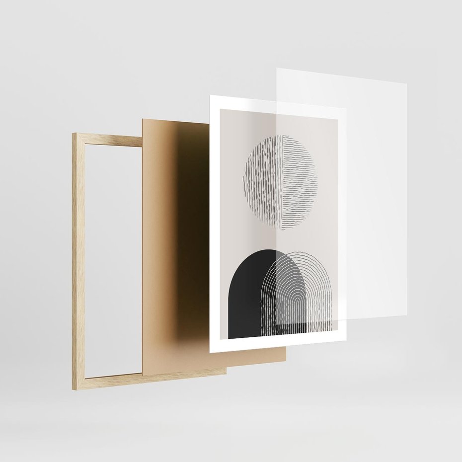 Plakat w ramie 50x70 - Przenikająca Rzeczywistość - abstrakcyjna kompozycja, okręgi i półokręgi - rama drewno