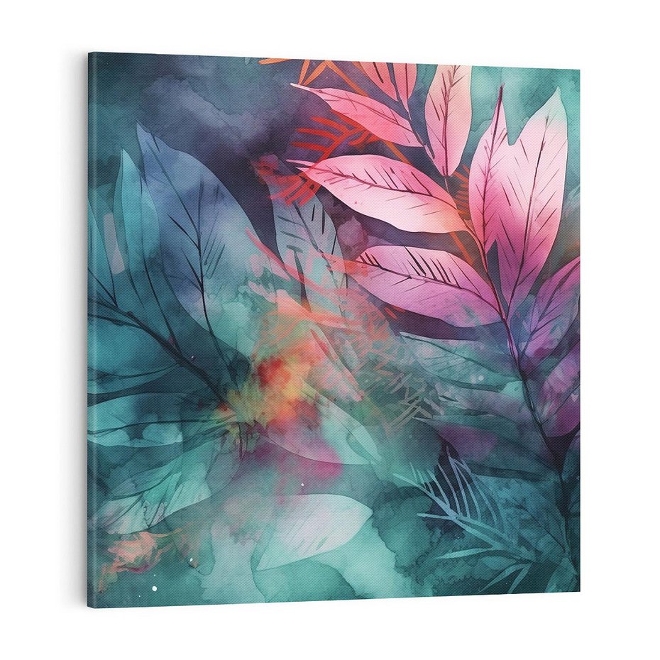 Obraz na płótnie 70x70 - Subtelne Zielone - pastelowe zielone liście, róż