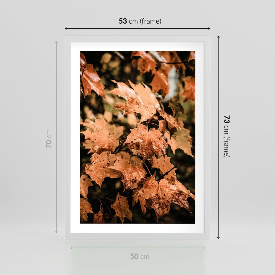 Plakat w ramie 50x70 - Ciepło Jesieni - jesienne pomarańczowe liśćie, jesień - rama biała