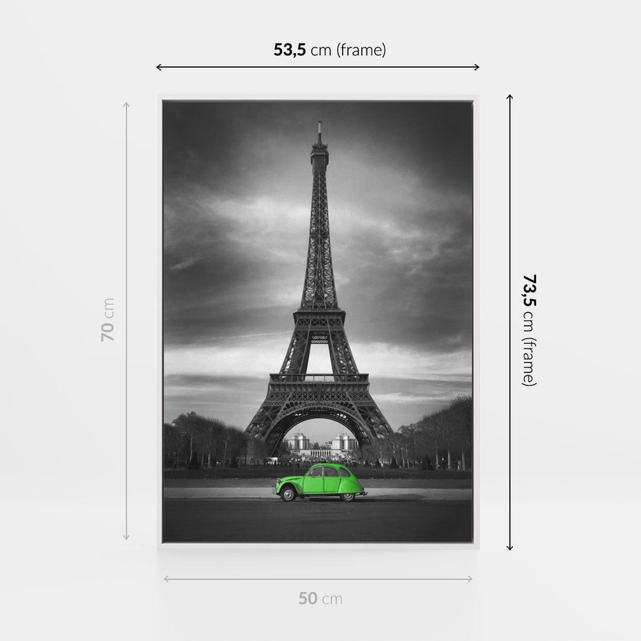 Obraz w ramie 50x70 - Paryskie Romantyczne Spotkanie - Eiffla, samochód - rama biała