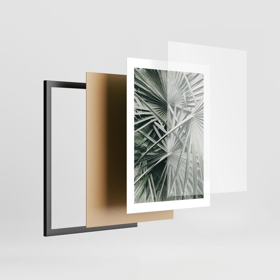 Plakat w ramie 30x40 - Palmy w Zgaszonej Zieleni - palmy, tropikalne liście - rama czarna