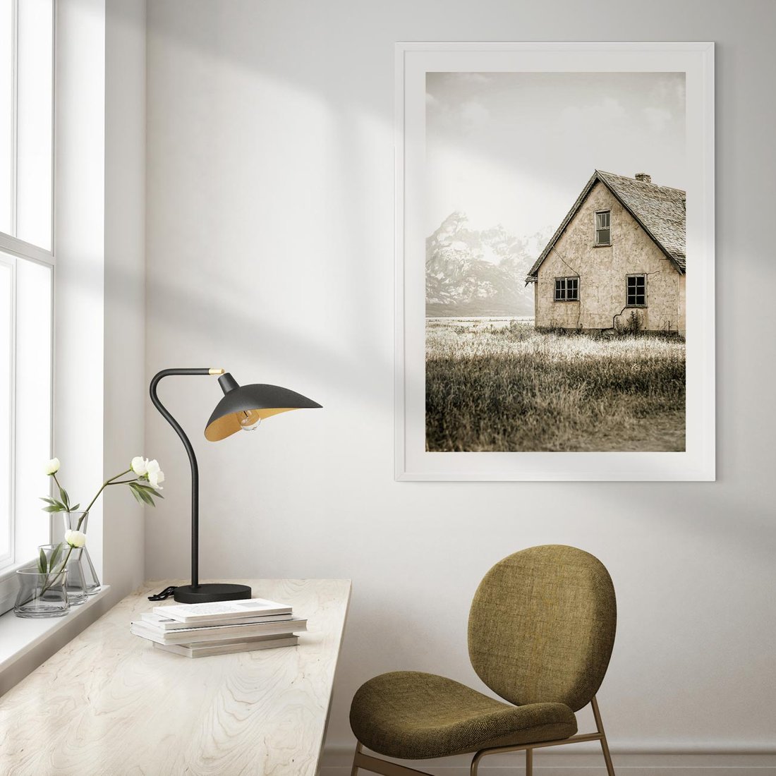 Plakat w ramie 50x70 - Ciepła Atmosfera - dom, stary dom w górach - rama biała