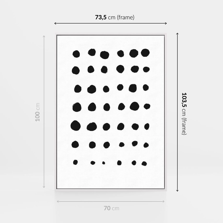 Obraz w ramie 70x100 - Refleksje Światła - minimalistyczna kompozycja, czarne kropkina białym tle - rama biała