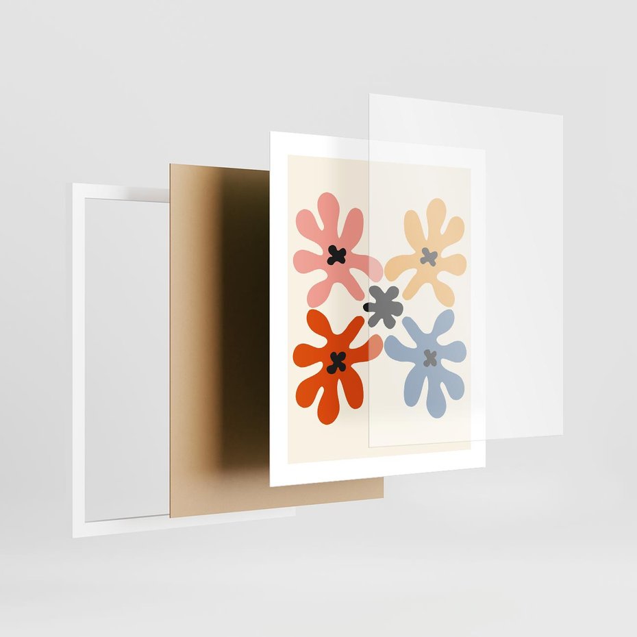 Plakat w ramie 40x50 - Taniec Akwareli - abstrakcyjne wielokolorowe kwiaty, minimalizm - rama biała