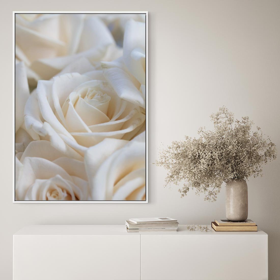 Obraz w ramie 80x120 - Białe róże piękności - białe, róże - rama biała