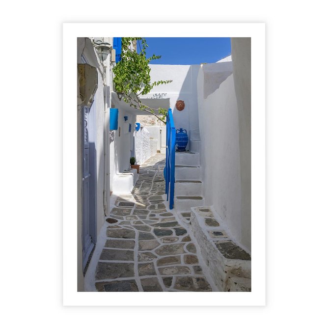 Plakat bez ramy 21x30 - Uroki Santorini: Perspektywiczna Uliczka - uliczka, perspektywa