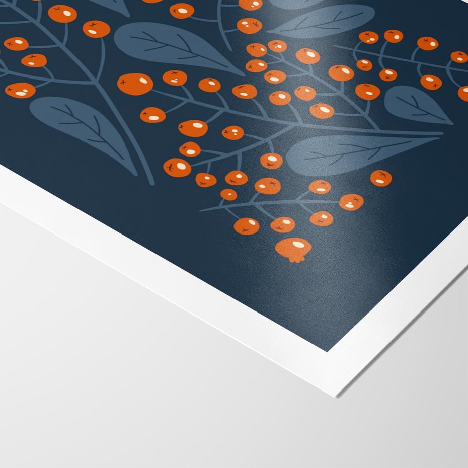 Plakat bez ramy 30x40 - Symfonia liści i owoców - granatowe tło, pomarańczowe owoce jarzębiny