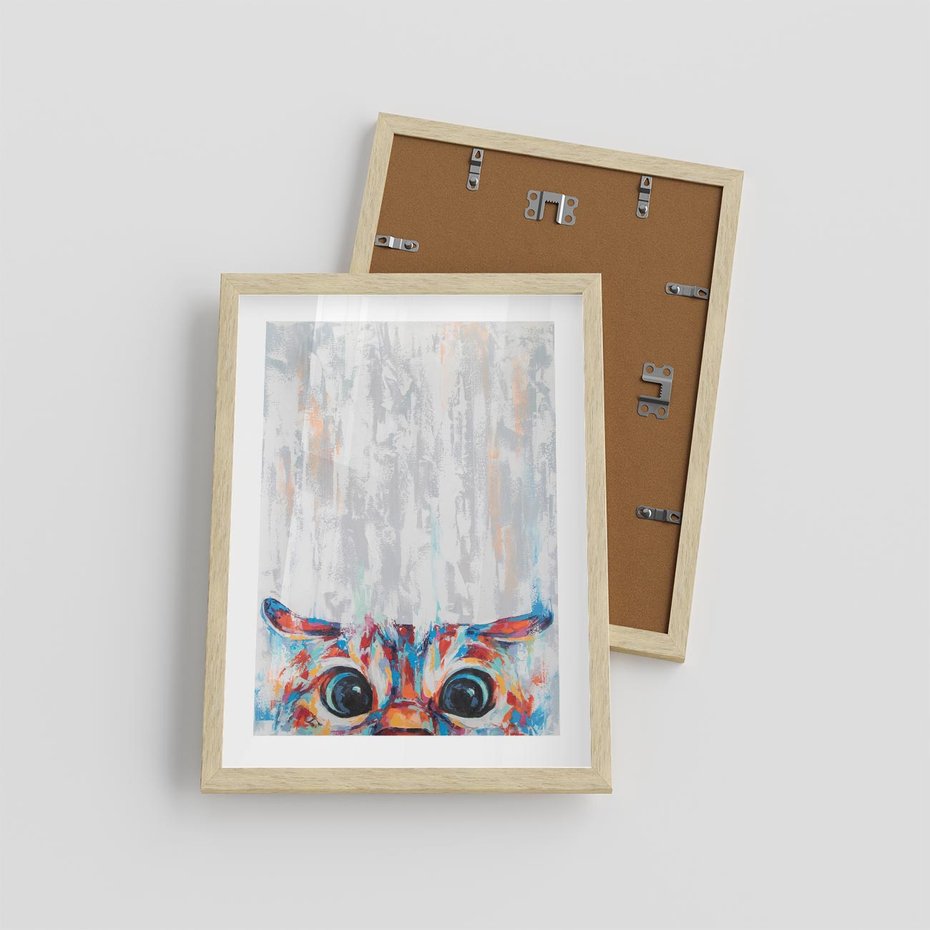 Plakat w ramie 30x40 - Co ja Widzę - obraz olejny, śmieszny obraz kota - rama drewno
