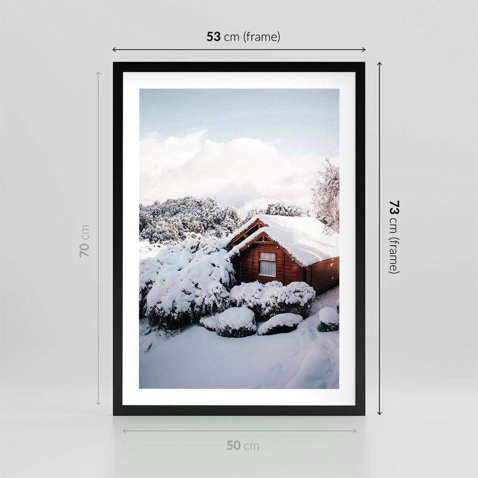 Plakat w ramie 50x70 - Zimowa Idylla w Górach - zima w górach, ośnieżone góry - rama czarna