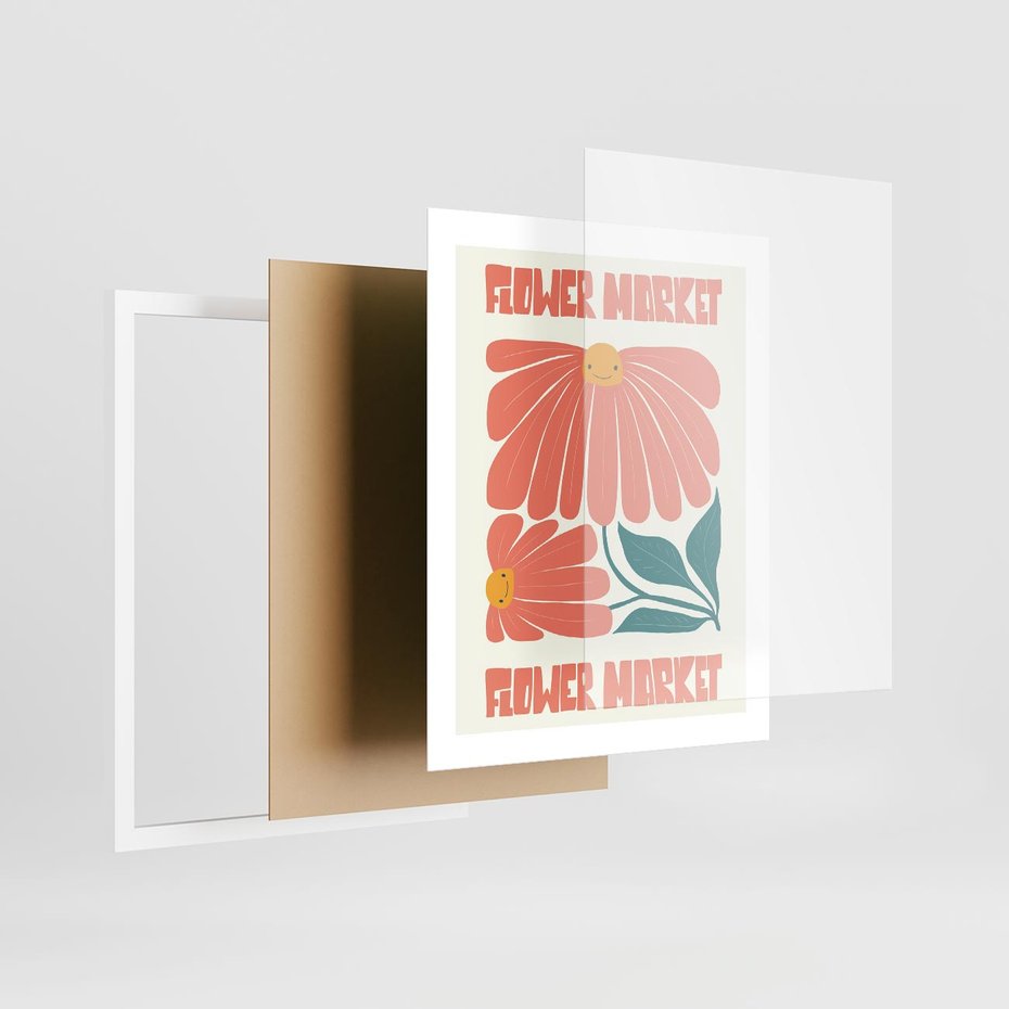 Plakat w ramie 40x50 - Grafika Pełna Radości - wesoła grafika, uśmiechnięte kwiaty - rama biała