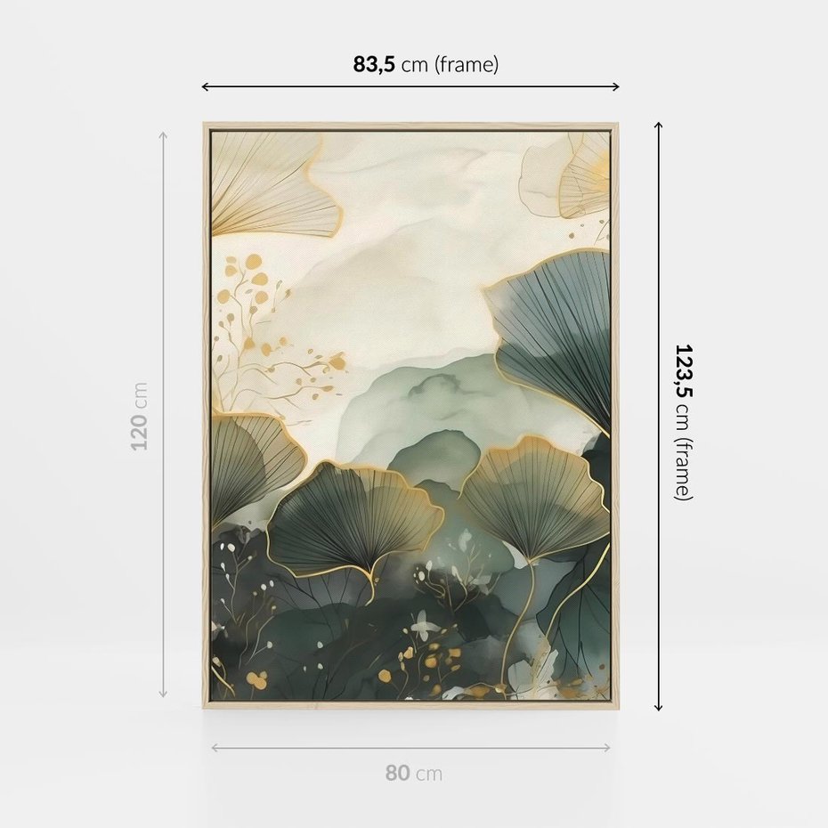 Obraz w ramie 80x120 - Natura w Złotym Odcieniu - złote elementy, liście miłorzębu japońskiego - rama drewno