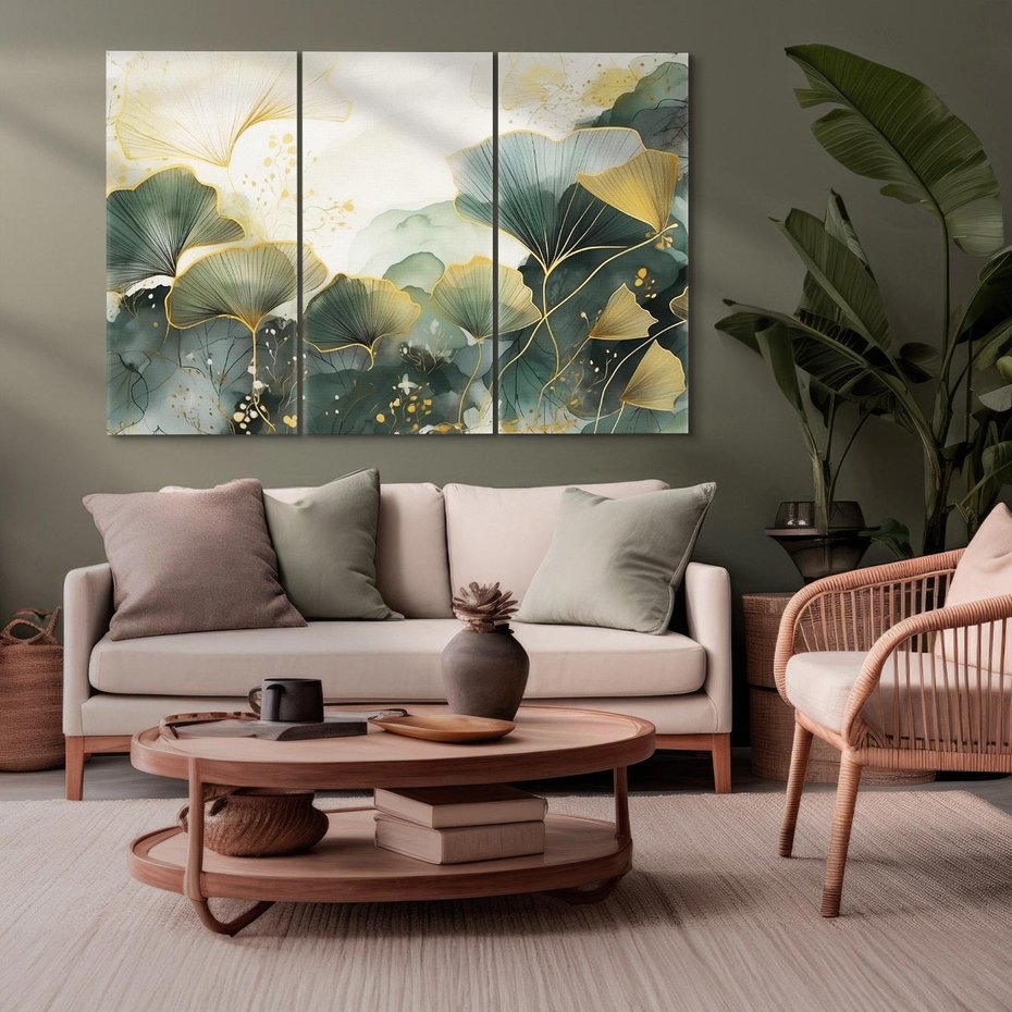 Obraz na płótnie 120x80 - Natura w Złotym Odcieniu - złote elementy, liście miłorzębu japońskiego