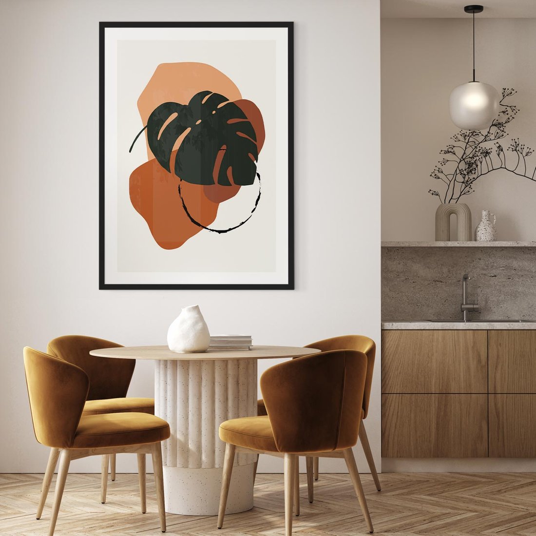 Plakat w ramie 50x70 - Brązowa Ekspresja - liść monstery, boho obraz - rama czarna