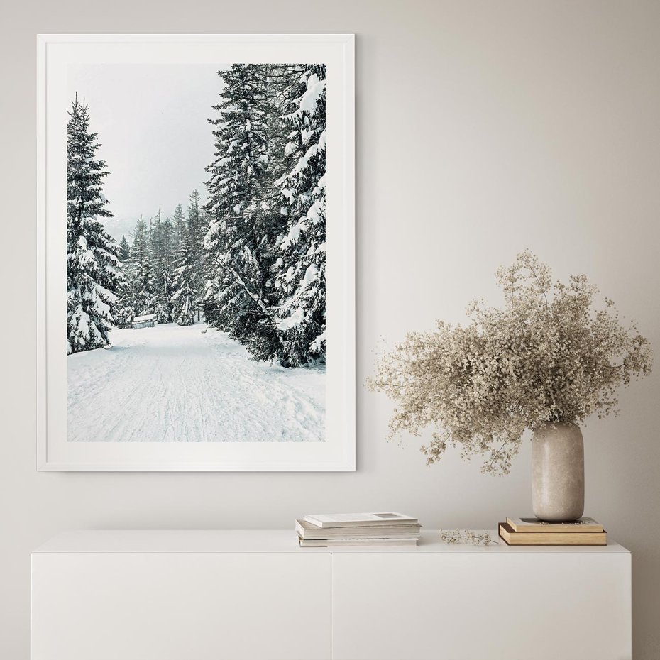 Plakat w ramie 30x40 - Magia Zimy na Obrazie - las, zima - rama biała