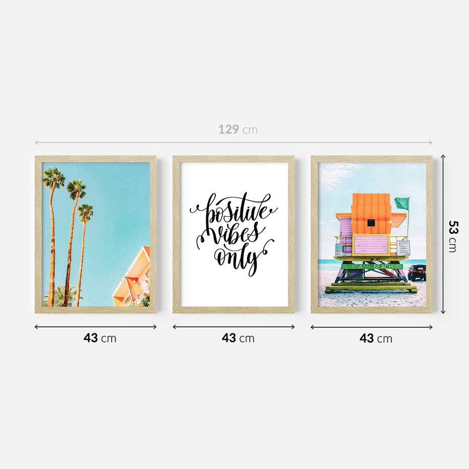 Zestaw obrazy w ramie 40x50 galeria - Pozytywny, cytat, plaża, palmy, wakacje - rama drewno