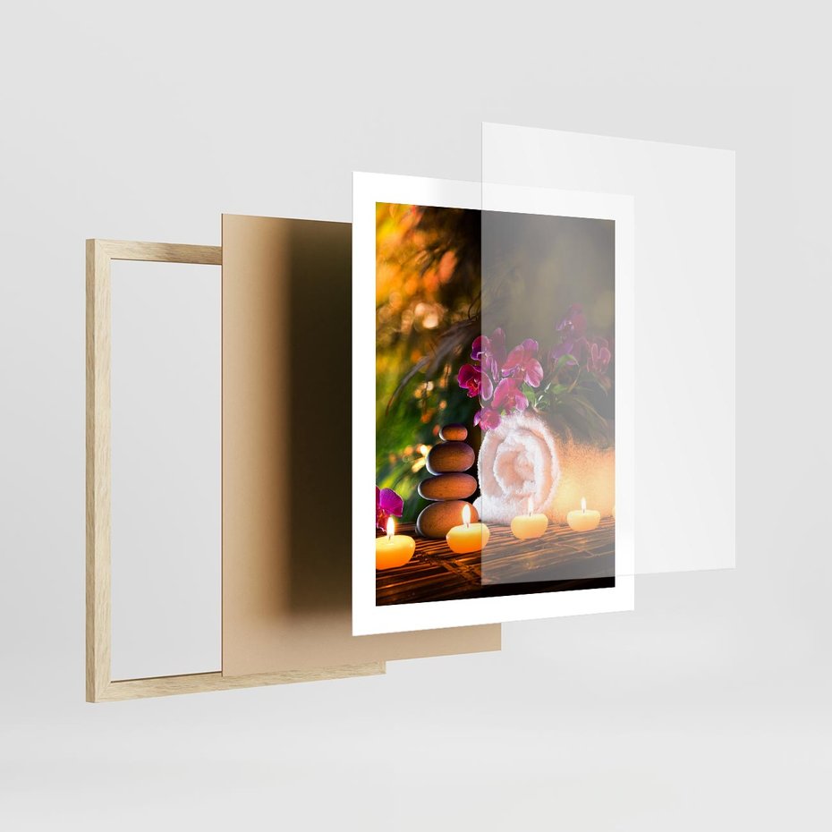Plakat w ramie 40x50 - Relaksujące spa z płonącymi świecami - spa, świece - rama drewno