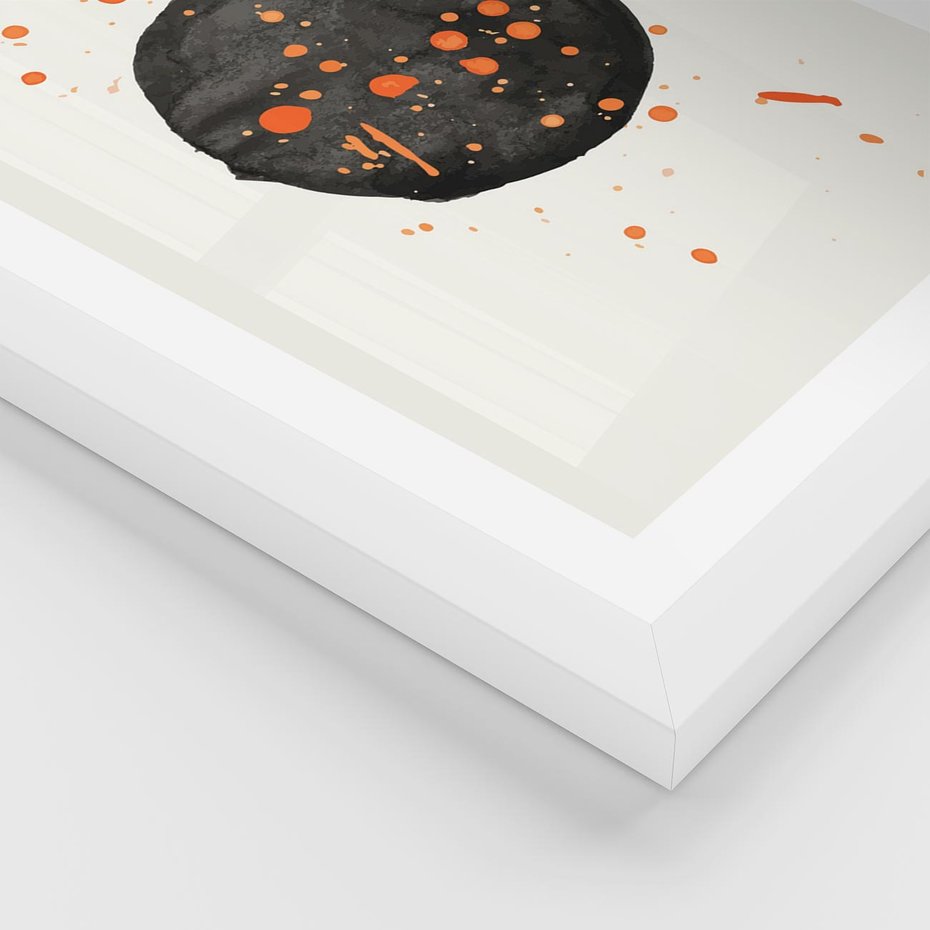 Plakat w ramie 50x70 - Impulsy Kreatywności - abstrakcyjna czarna plama, rozsiane pomarańczowe kropki - rama biała