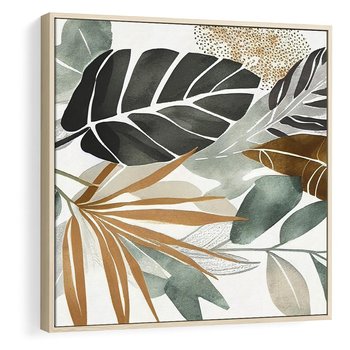 Obraz w ramie 80x80 - Współbrzmienie wewnętrznego ja - kompozycja z tropikalnych liści, stonowane kolory - rama drewno