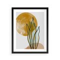 Plakat w ramie 40x50 - Światło Natury: Graficzne Liście i Złote Słońce - grafika, graficzne liście - rama czarna