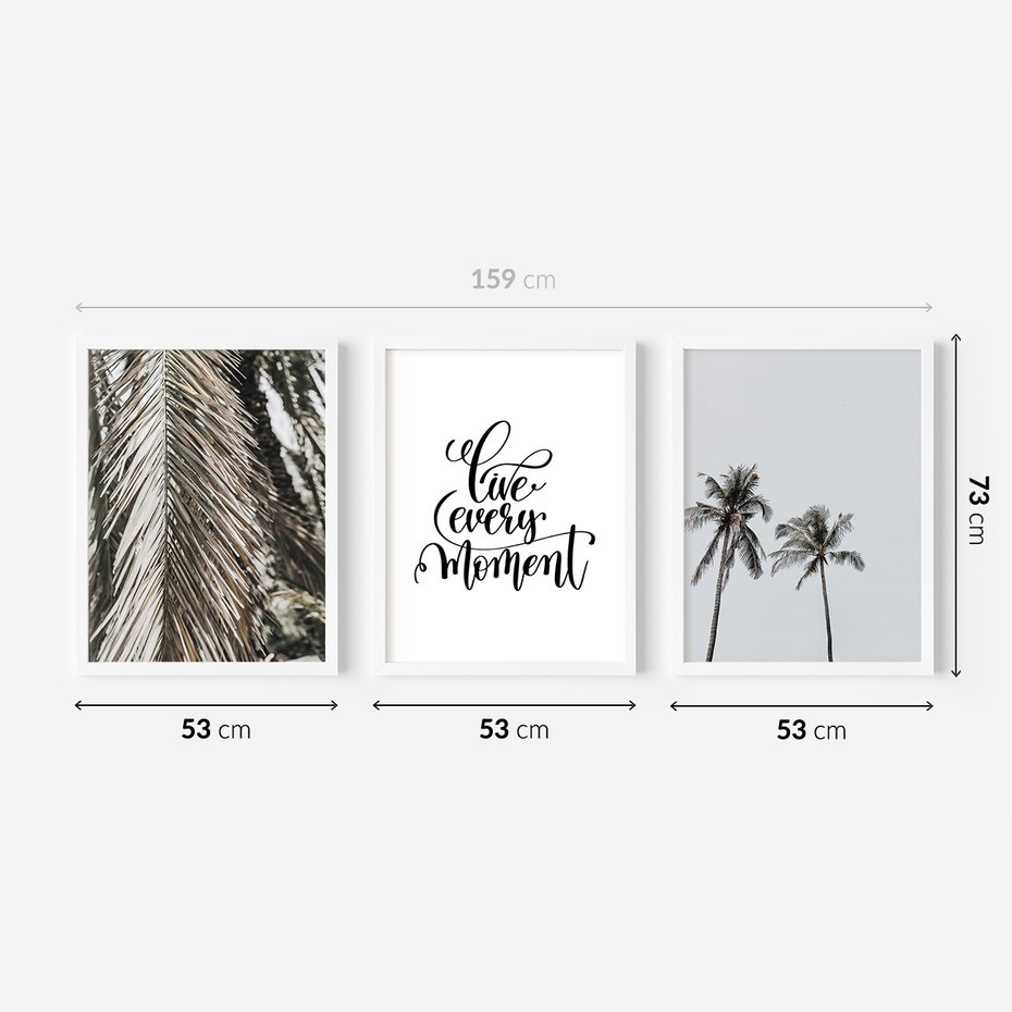 Zestaw obrazy w ramie 50x70 galeria - Pozytywny, cytat, palmy, wakacje - rama biała