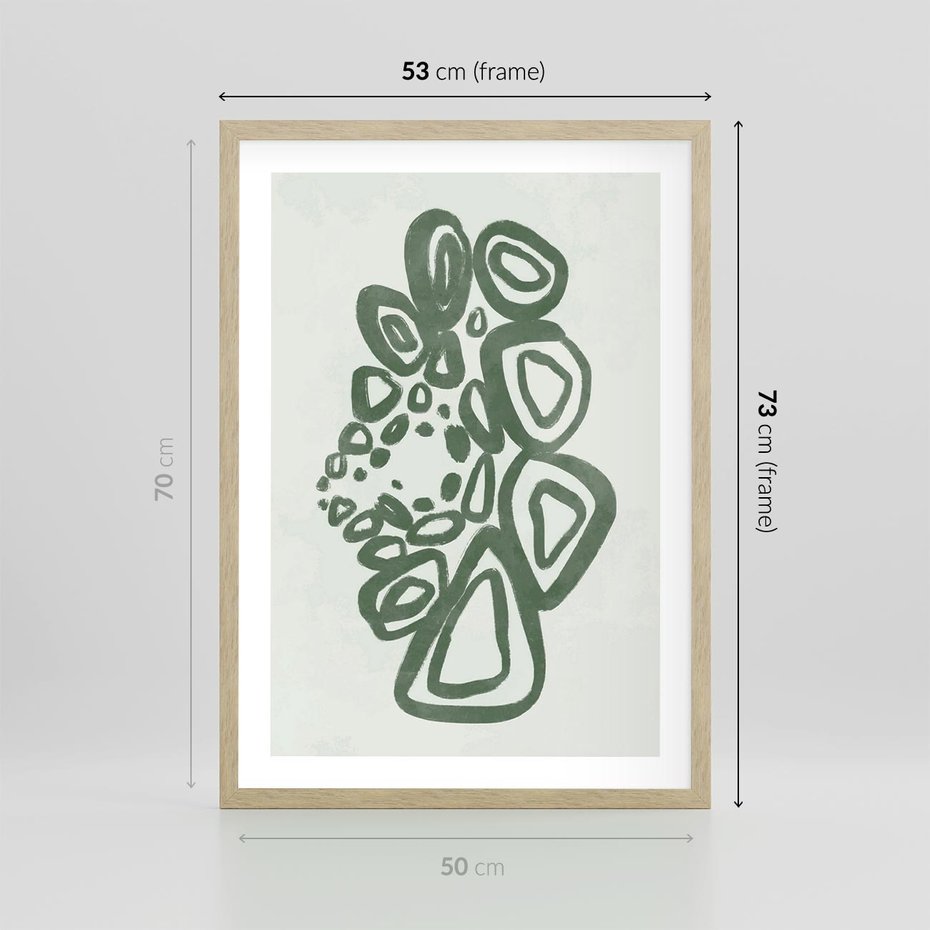 Plakat w ramie 50x70 - Migotliwe Widzenia Zieleni - zielona abstrakcja, zgaszona zieleń - rama drewno