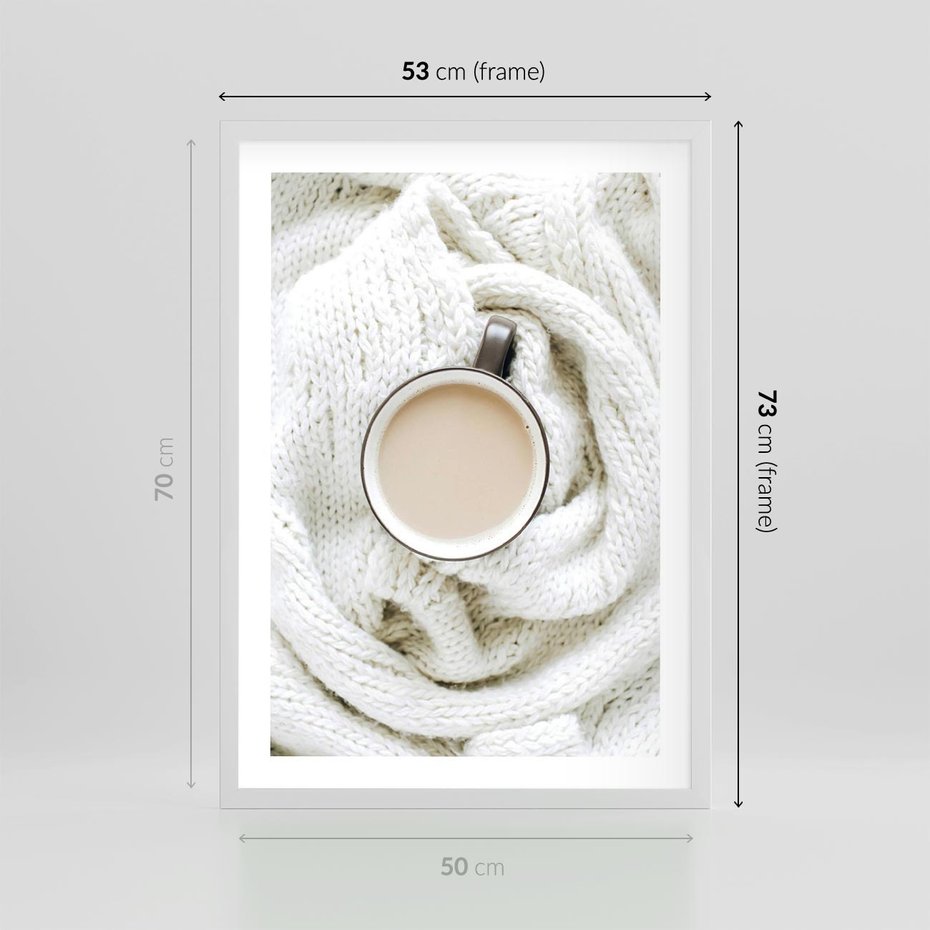 Plakat w ramie 50x70 - Kawa na Wełnianym Kocu - kawa, biały wełniany koc - rama biała
