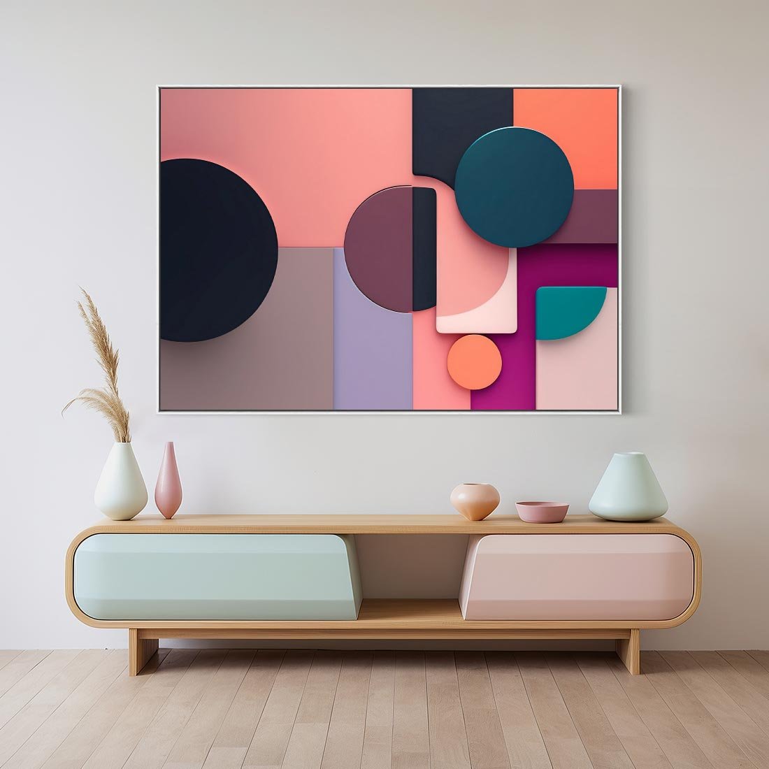 Obraz w ramie 70x50 - Przenikanie przestrzeni czasu - abstrakcja, geometria - rama biała
