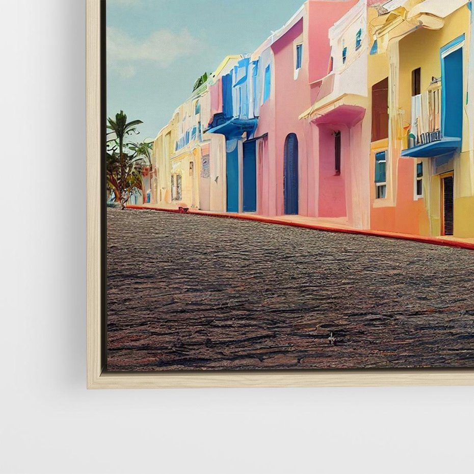Obraz w ramie 80x80 - Ekspresja marzeń i tęsknot - pastelowe kolorowe budynki, wzdłuż ulicy - rama drewno