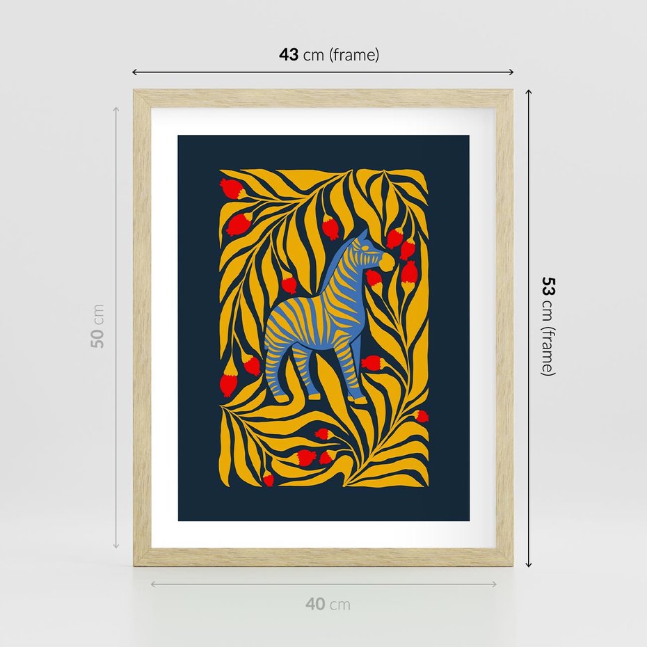 Plakat w ramie 40x50 - Wibracje Wyobraźni - zebra, granatowe tłó - rama drewno