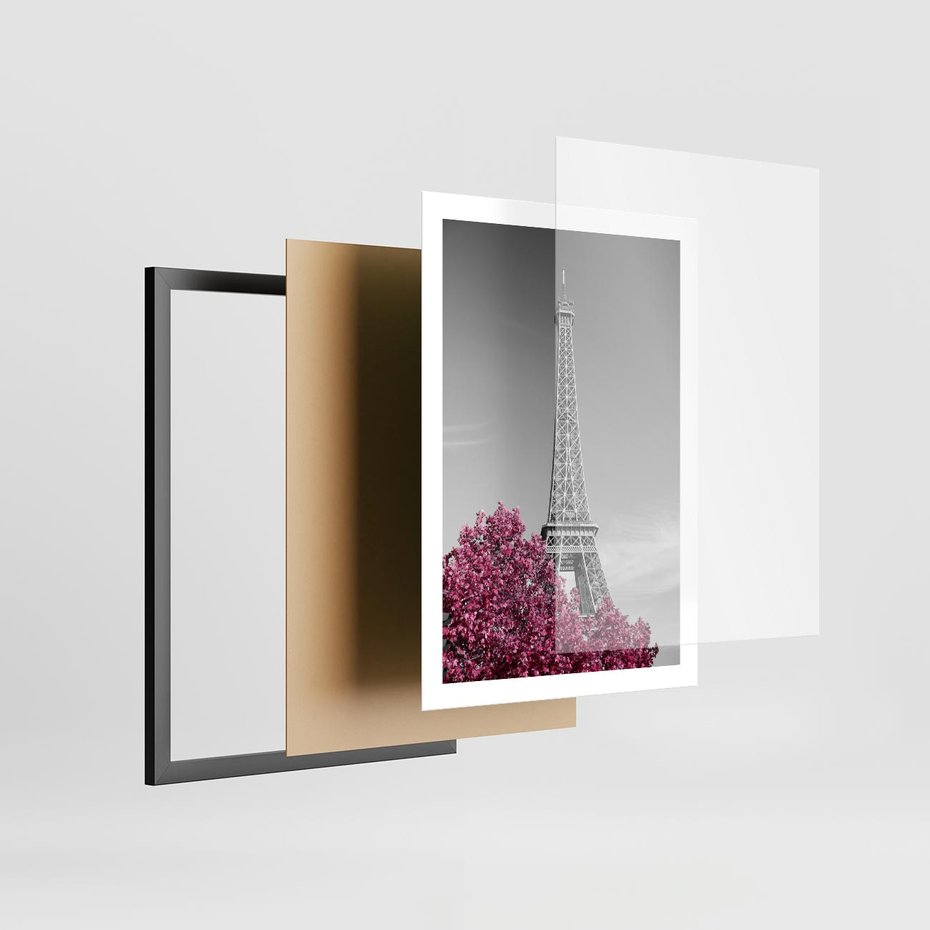 Plakat w ramie 50x70 - Różowy Paryż - czarno białe zdjęcie, wieża eiffla - rama czarna