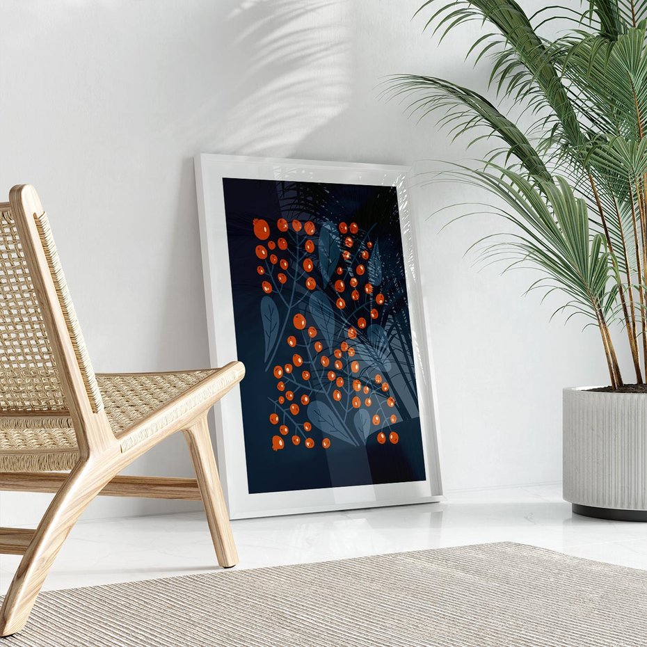 Plakat w ramie 30x40 - Symfonia liści i owoców - granatowe tło, pomarańczowe owoce jarzębiny - rama biała