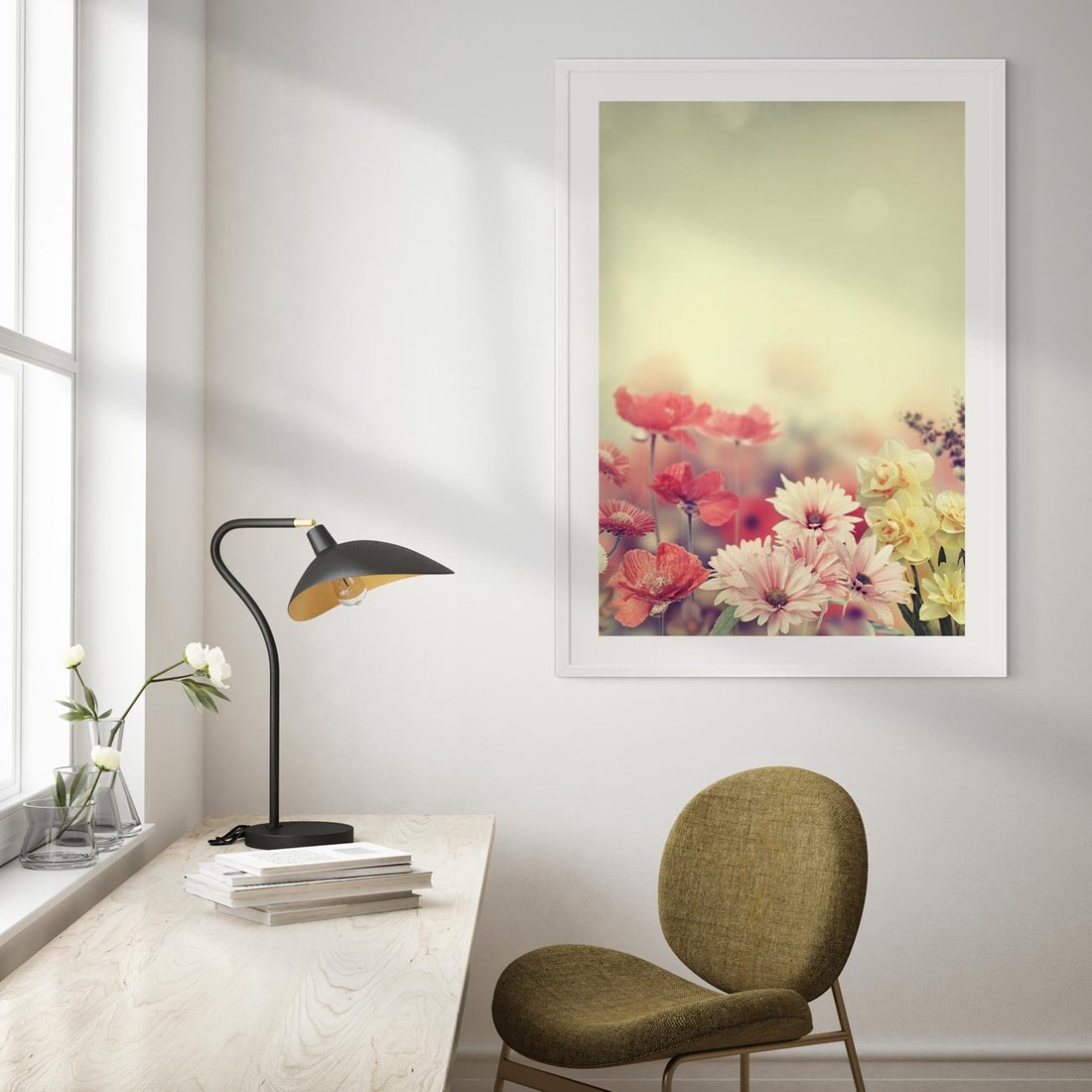 Plakat w ramie 50x70 - Delikatne kwiaty pastelowe - kwiaty, pastelowe - rama biała