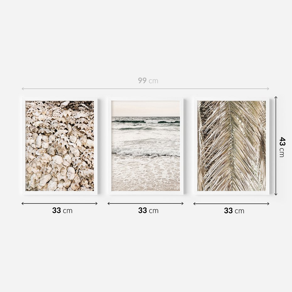 Zestaw obrazy w ramie 30x40 galeria - Plaża, boho, palmy, muszle, morze - rama biała