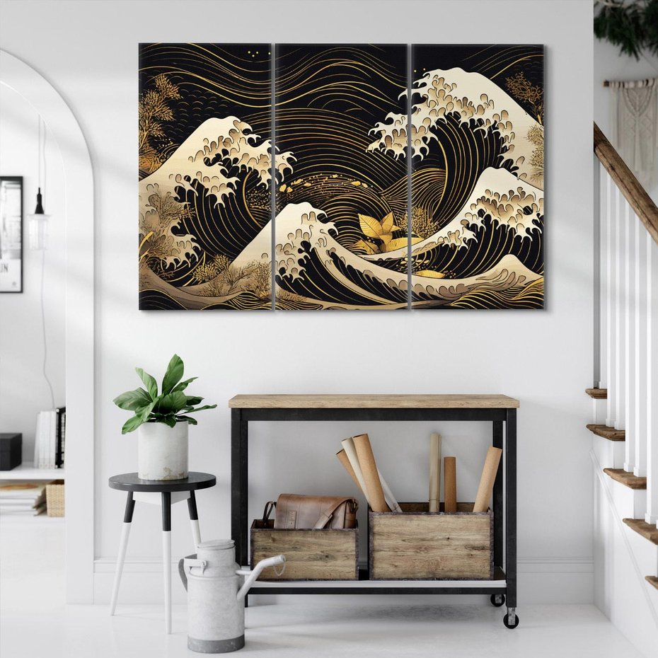 Obraz na płótnie 120x80 - Złote Piękno - ciemny obraz, fala morska