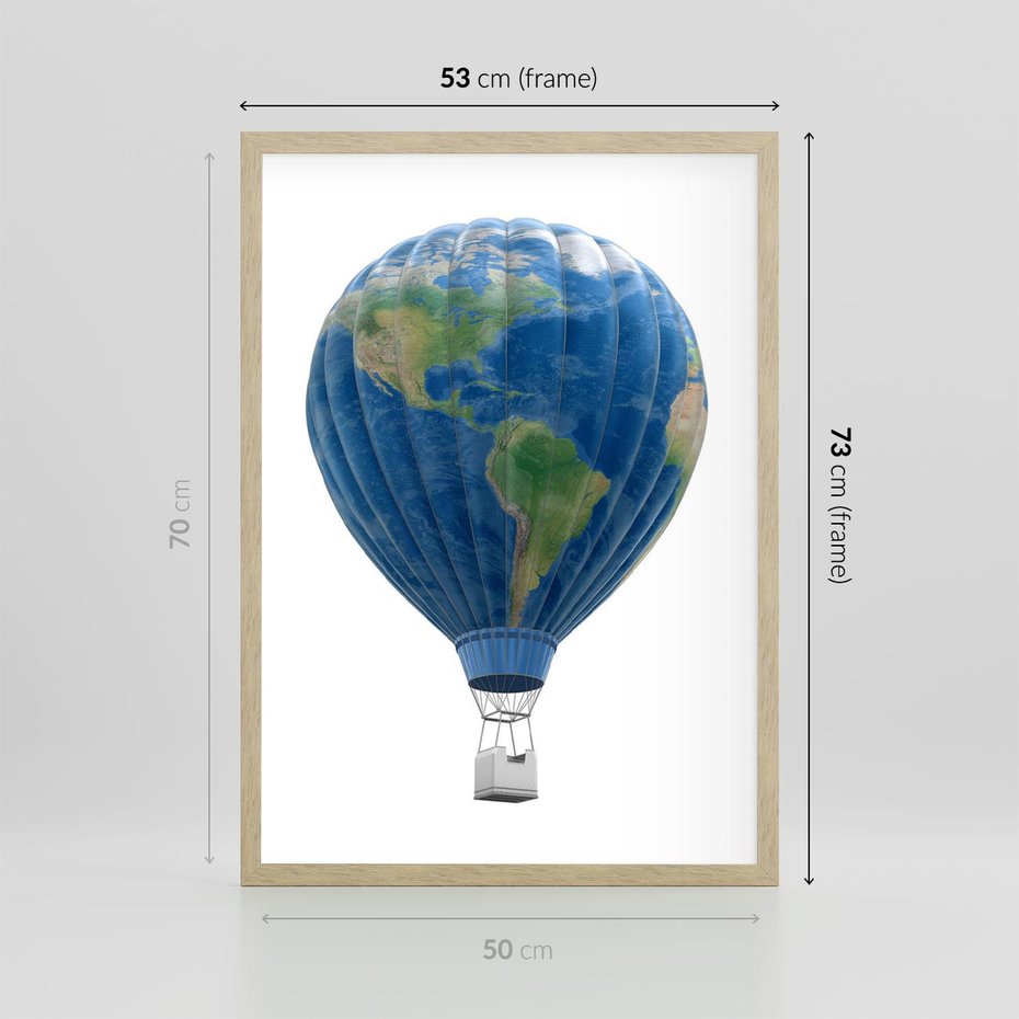 Plakat w ramie 50x70 - Podróżniczy balon nad ziemią - balon, ziemia - rama drewno