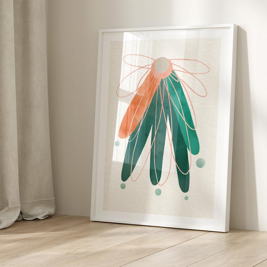 Plakat bez ramy 21x30 - Energetyczna Harmonia Kwiatów - akwarelowe abstrakcyjne kształty, zieleń i pomarańcz