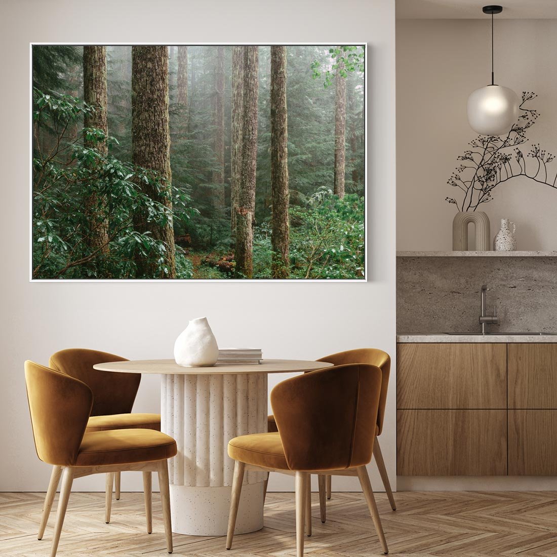 Obraz w ramie 120x80 - Mgliste Marzenia - artystyczna fotografia, las - rama biała
