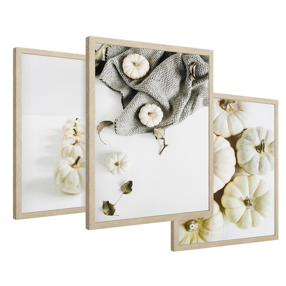 Zestaw obrazy w ramie 50x70 galeria - Białe, dynie, minimalizm - rama drewno