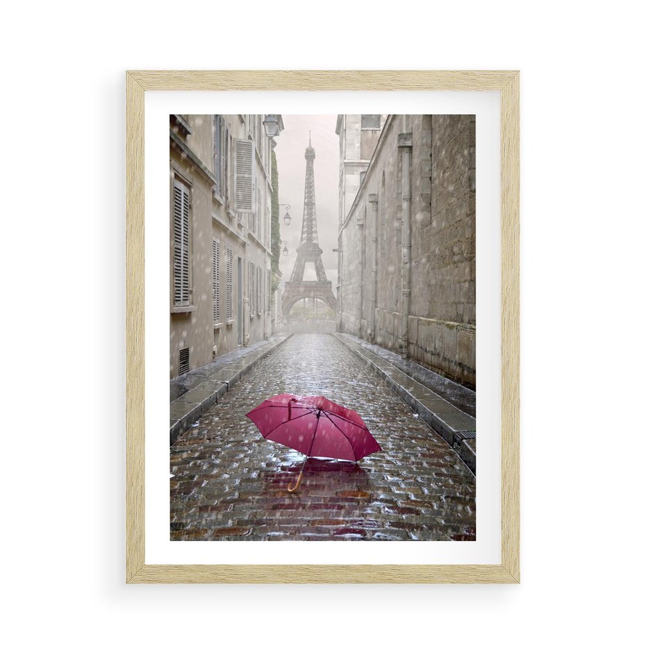 Plakat w ramie 50x70 - Francuska elegancja pod parasolem - Francja, parasol - rama drewno