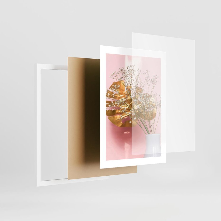 Plakat w ramie 30x40 - Złoty Akcent - złoty liść montery, gipsówka - rama biała