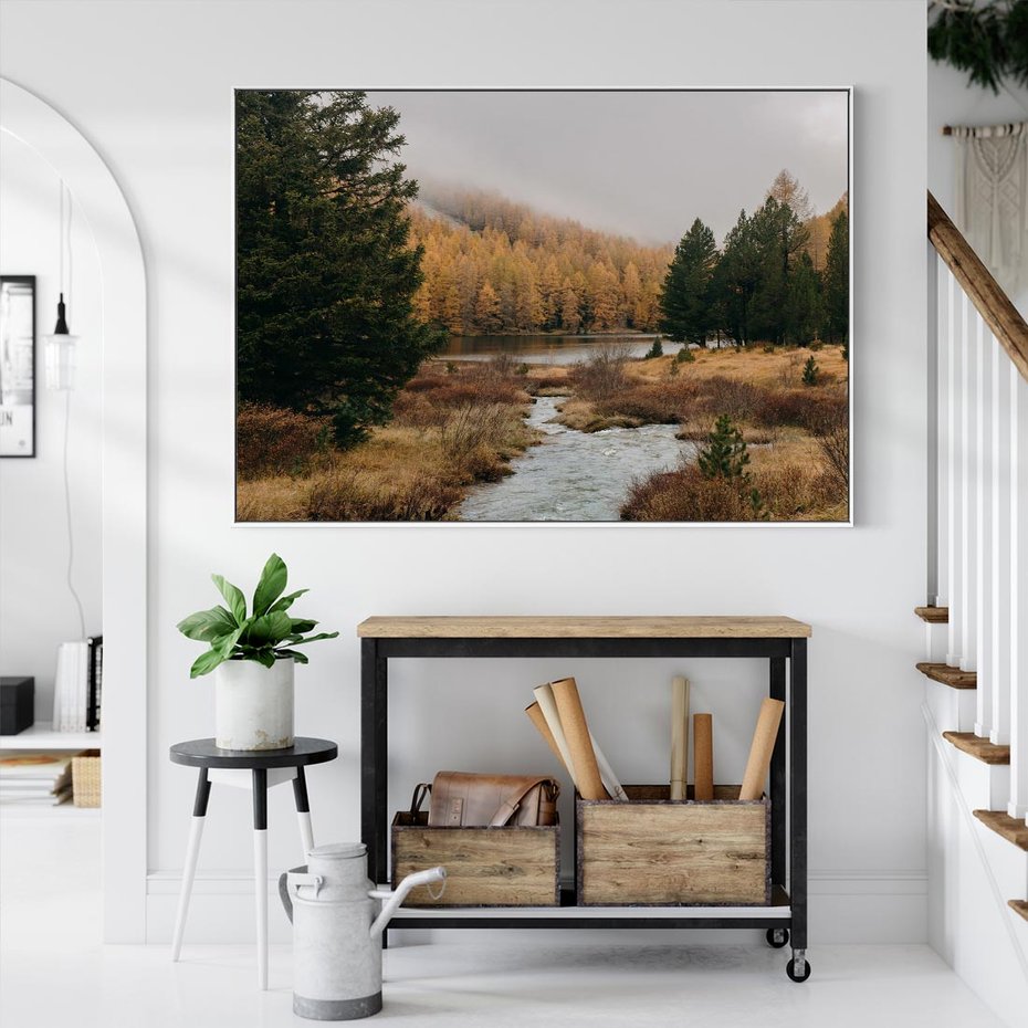 Obraz w ramie 100x70 - W Górskiej Dolinie - artystyczna fotografia, las - rama biała