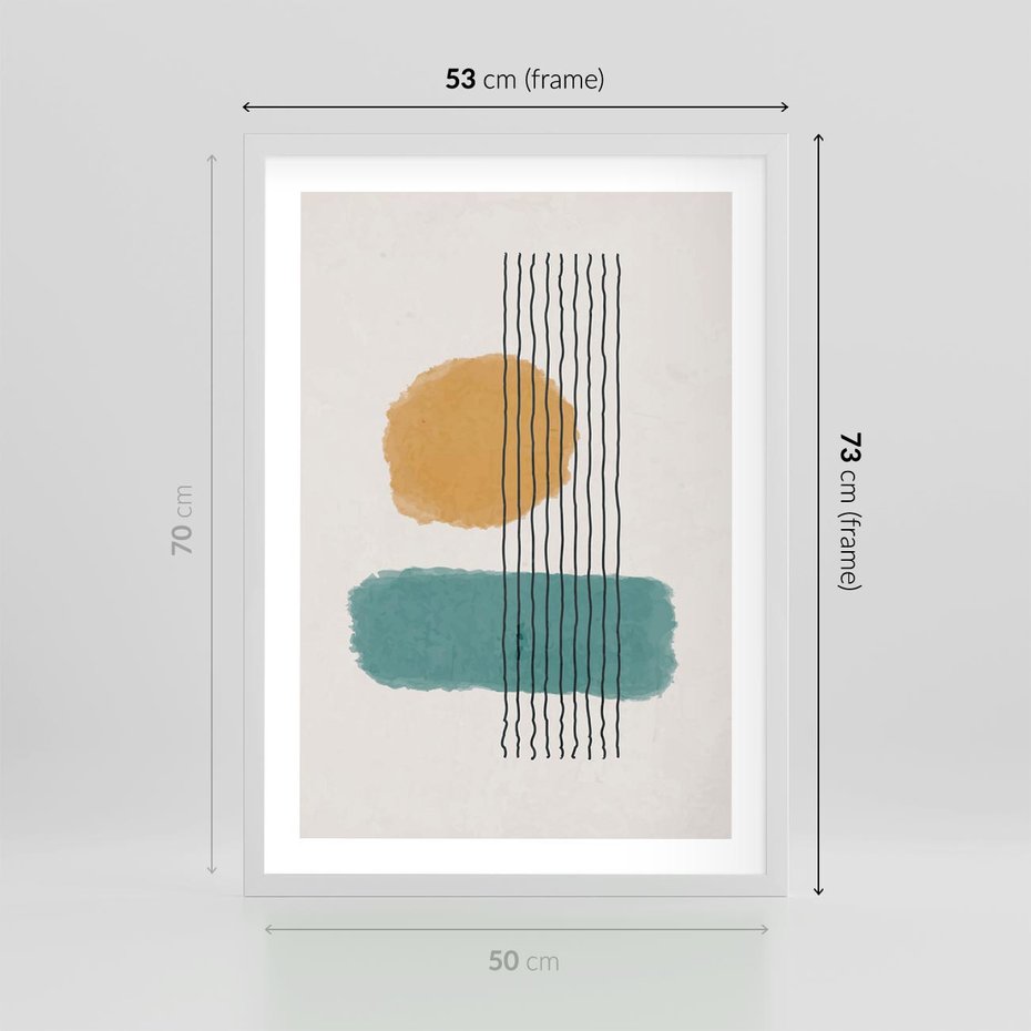 Plakat w ramie 50x70 - Wibracje Barw - abstrakcyjne akwarelowe plamy, nieregularne kreski - rama biała