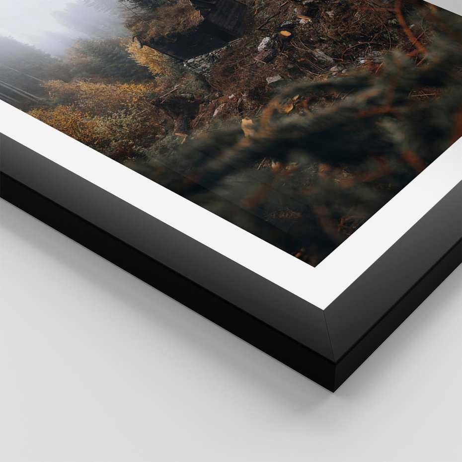 Plakat w ramie 30x40 - Górski las - stary zniszczony domek w górach, góry - rama czarna