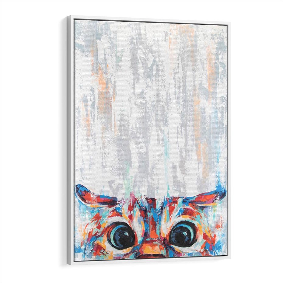 Obraz w ramie 80x120 - Co ja Widzę - obraz olejny, śmieszny obraz kota - rama biała