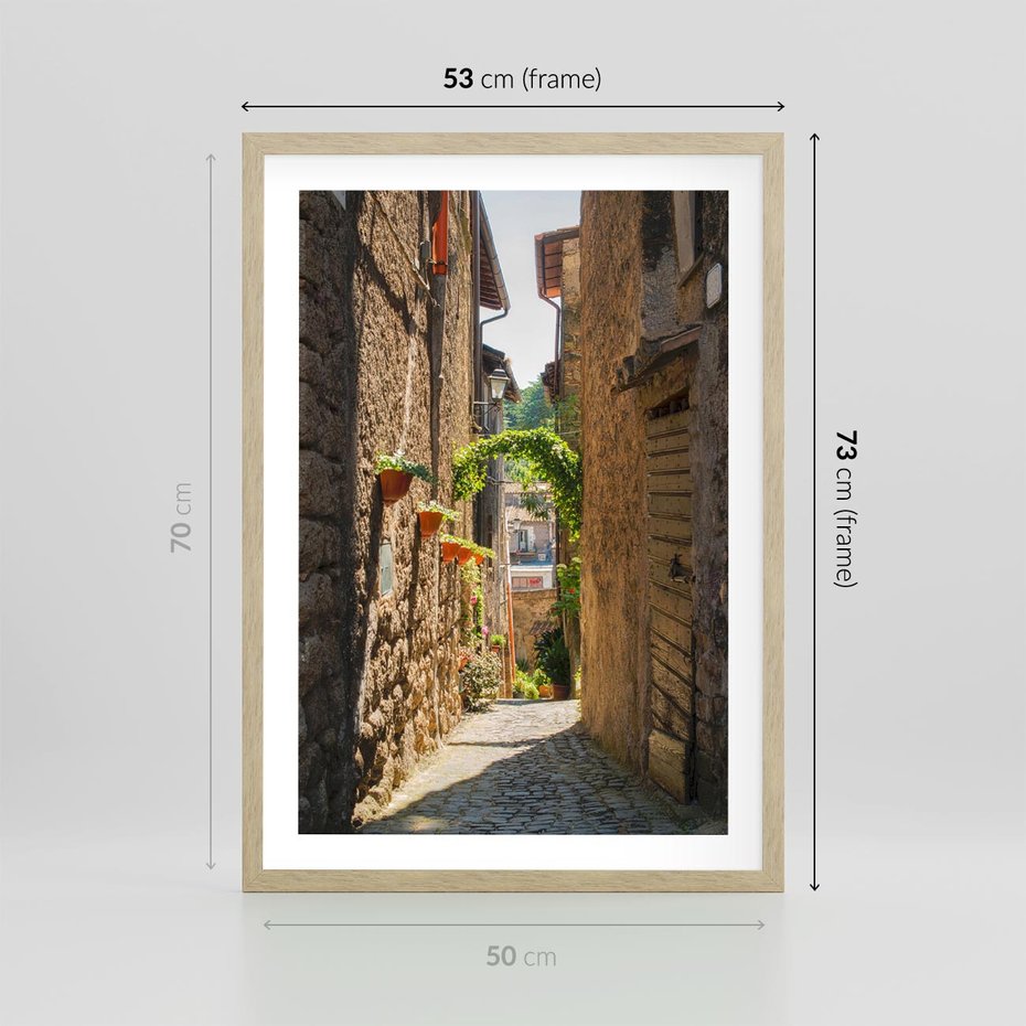 Plakat w ramie 50x70 - Włoska uliczka w perspektywie - Włochy, uliczka - rama drewno