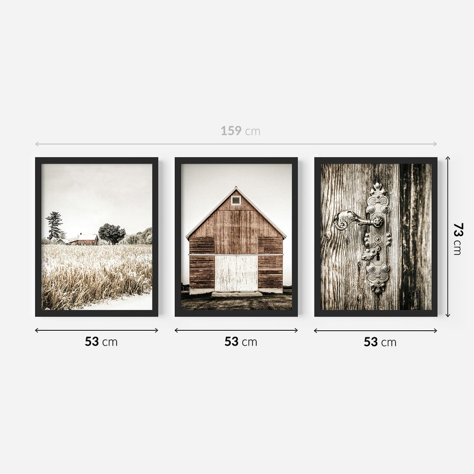 Zestaw obrazy w ramie 50x70 galeria - Rustykalny, tryptyk, klamka, kłódka, domek - rama czarna