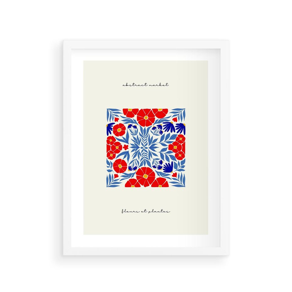 Plakat w ramie 30x40 - Tajemnicza Droga - nowoczesna kwiatowa kompozycja, czerwony i niebieski - rama biała