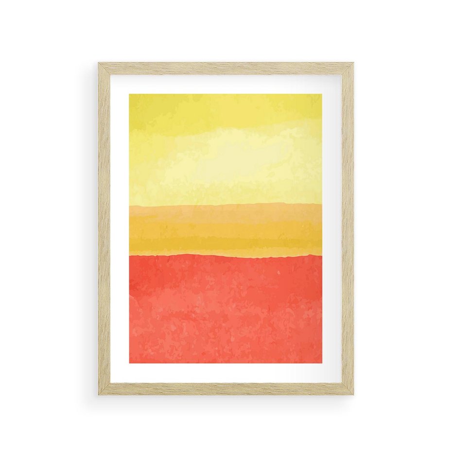 Plakat w ramie 30x40 - Rozmyte Odbicia - kolorowe akwarelowe pasy, odcienie żółci i czerwieni - rama drewno