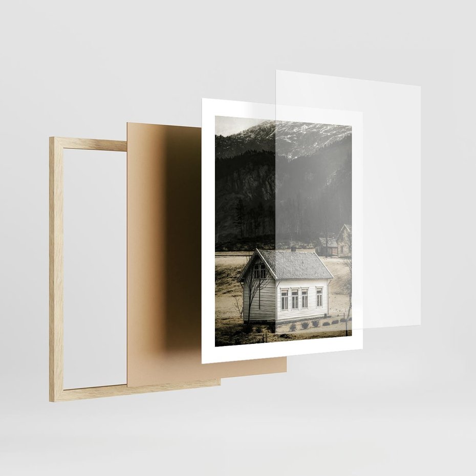 Plakat w ramie 40x50 - Ciepło i Urok Górskiego Domku - domek w górach, sepia - rama drewno